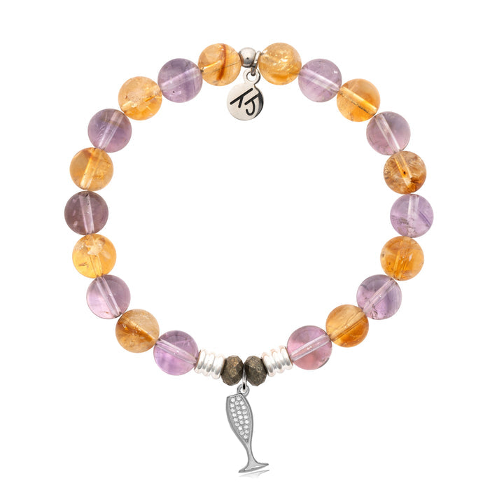 Amethyst Citrine Gemstone Bracelet with Cheers Sterling Silver Charm
