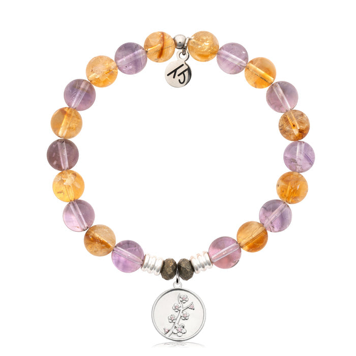 Amethyst Citrine Gemstone Bracelet with Cherry Blossom Sterling Silver Charm