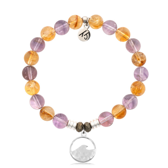Amethyst Citrine Gemstone Bracelet with Hammered Waves Sterling Silver Charm