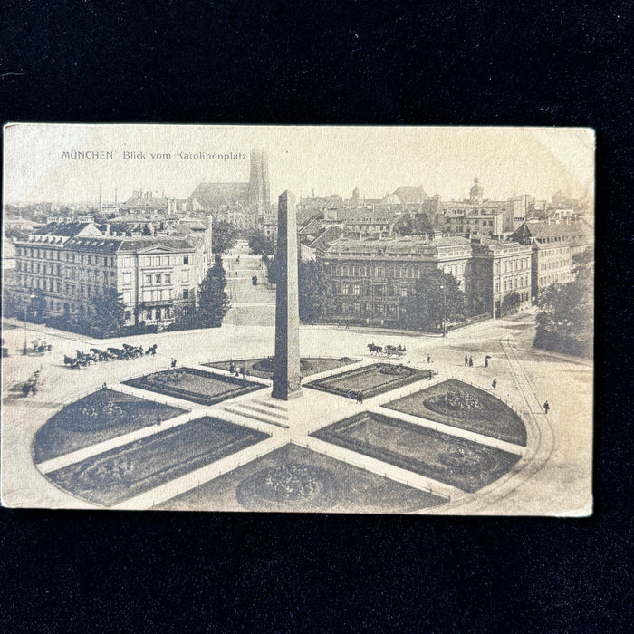 Antique Postcard 1900s Munich Germany Karolinenplatz Obelisk Horse Carriages