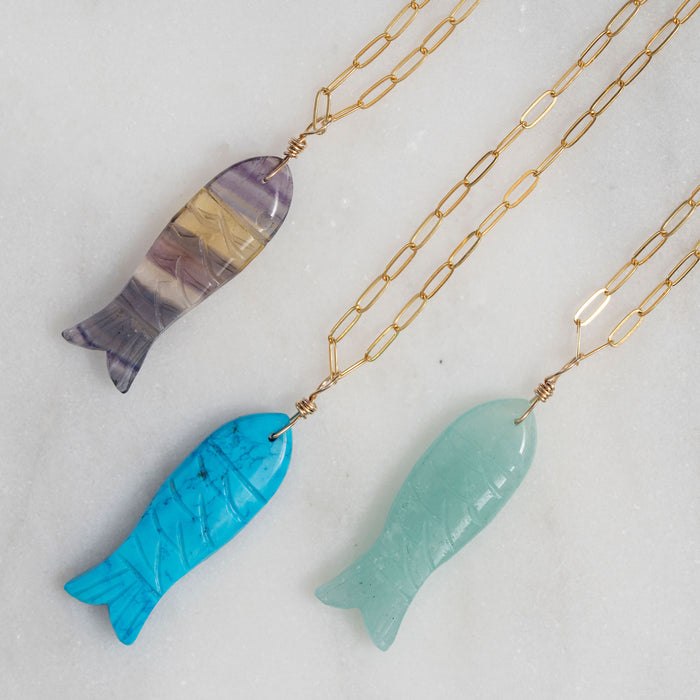 Asier Fish Natural Gemstone Gold Necklaces Available at Golden Rule Gallery