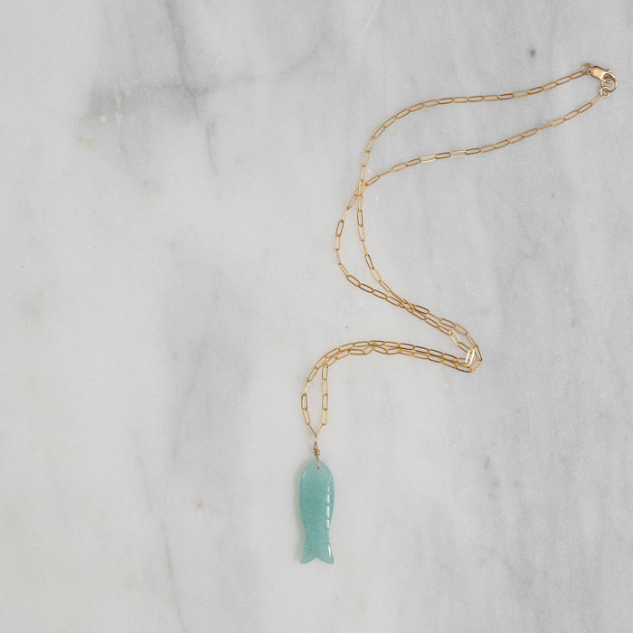 Teal Aventurine Fish Necklace With Gold Chain