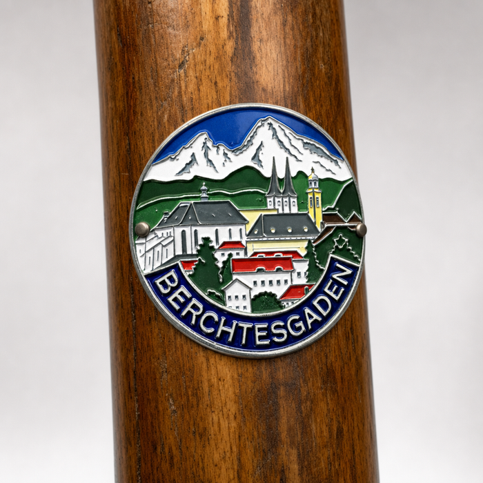 Berchtesgaden hiking stick medallion installed on a wooden hiking staff