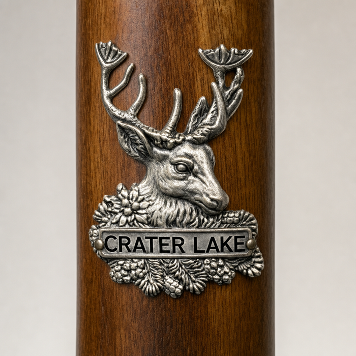 Crater Lake National Park Deer hiking stick medallion installed on a wooden hiking staff