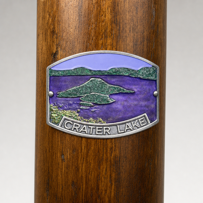 Crater Lake National Park Lake View hiking stick medallion installed on a wooden hiking staff