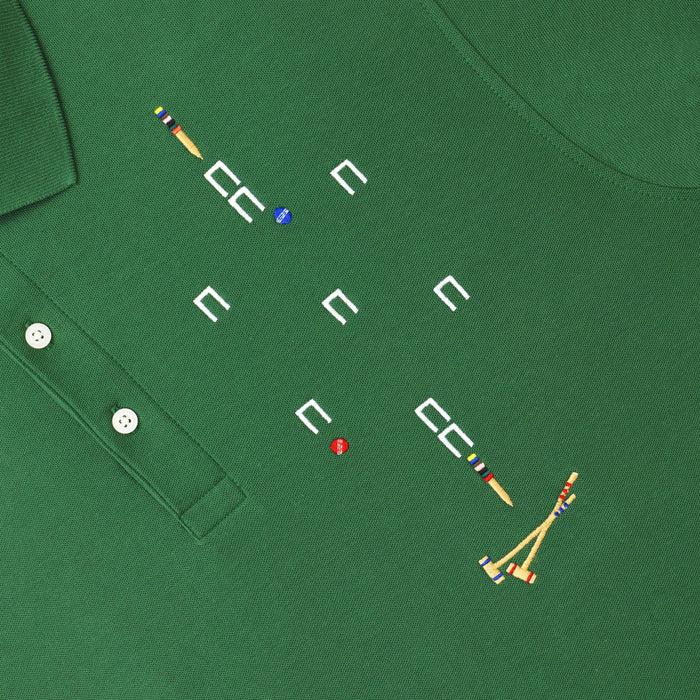 Detail of satin stitched croquet court motif.