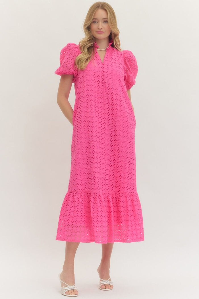 E Eyelet Midi Dress -Pink