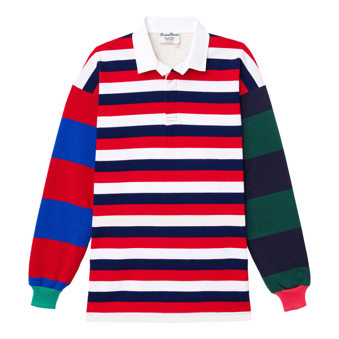 One-of-one striped rugby shirt made from leftover fabric. Red, white, and blue body and mismatched sleeves. Each is unique.