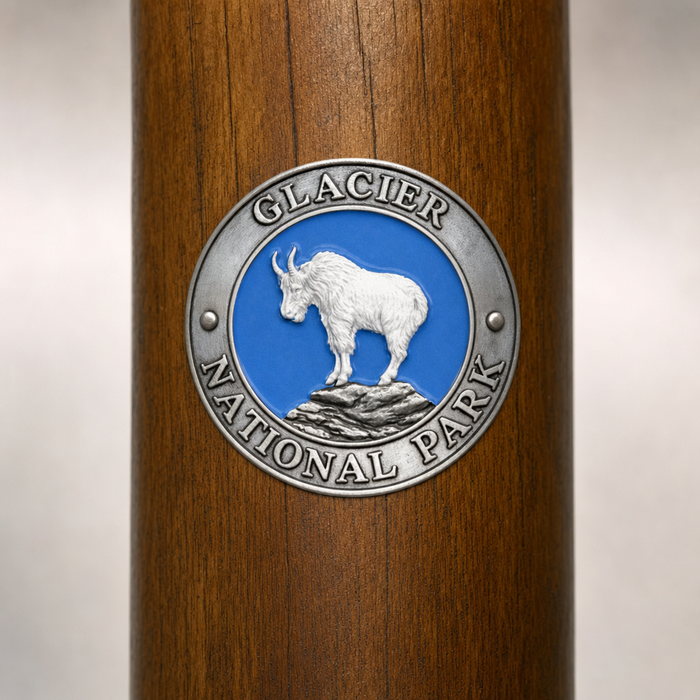 Glacier National Park National Park Mt. Goat hiking stick medallion installed on a wooden hiking staff