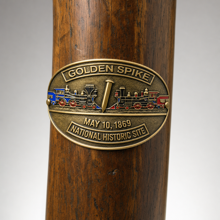 Golden Spike National Historical Site Golden Spike & Trains hiking stick medallion installed on a wooden hiking staff