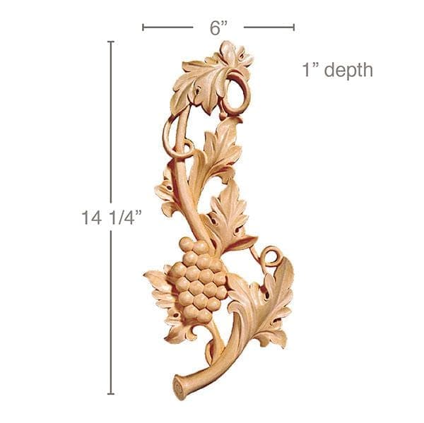 Grapevine Medallion Left, 6"w x 14 1/4"h x 1"d Carved Onlays White River Hardwoods