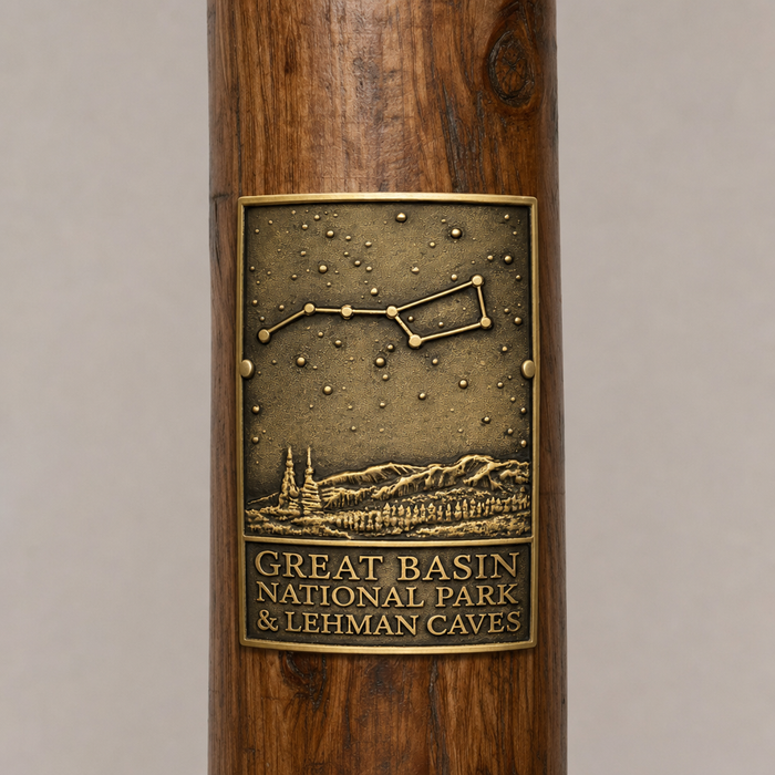 Great Basin National Park Night View hiking stick medallion installed on a wooden hiking staff