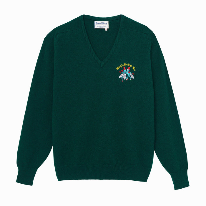 Green sweater emblazoned with Harry's famous bar flies motif.