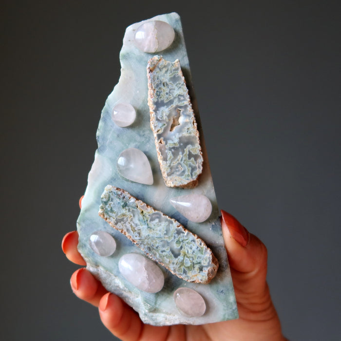 Heart Chakra Plate Grow My Love Rose Quartz Moss Agate Serpentine