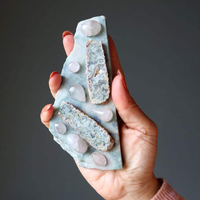 Heart Chakra Plate Grow My Love Rose Quartz Moss Agate Serpentine