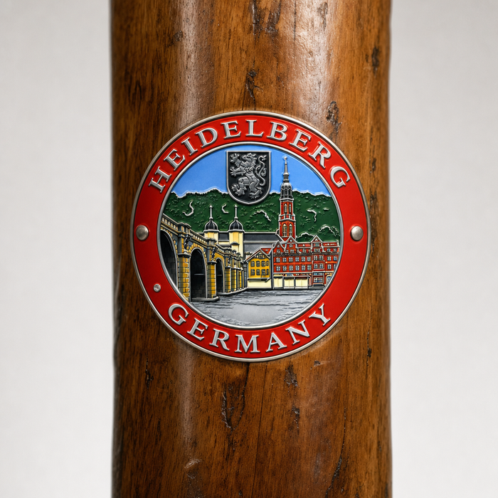 Heidelberg hiking stick medallion installed on a wooden hiking staff