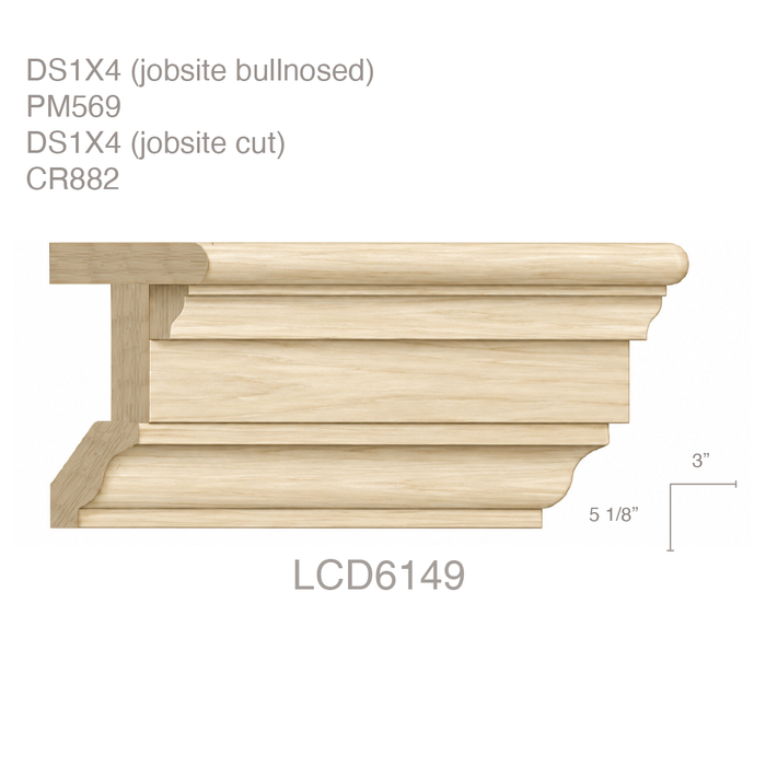 LCD - DS1x4 (jobsite bullnosed), PM569, DS1x4, CR882, 5 1/8"h x 3"d LCD Chairrails White River Hardwoods Poplar
