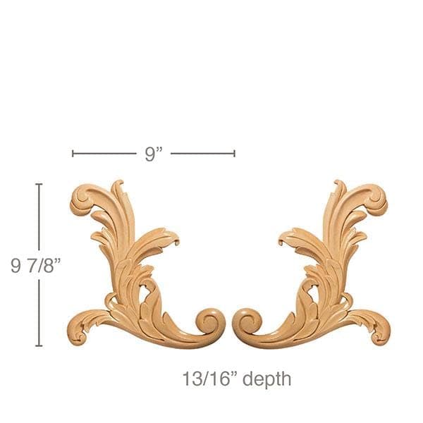 Med Acanthus Scrolls, 9w x 9 7/8h x 13/16d, 1 pair L/R Carved Onlays White River Hardwoods