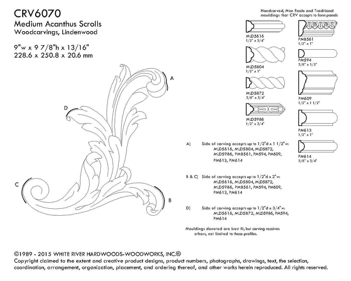 Med Acanthus Scrolls, 9w x 9 7/8h x 13/16d, 1 pair L/R Carved Onlays White River Hardwoods