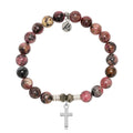 Pink Rhodonite Gemstone Bracelet with Cross Sterling Silver Charm