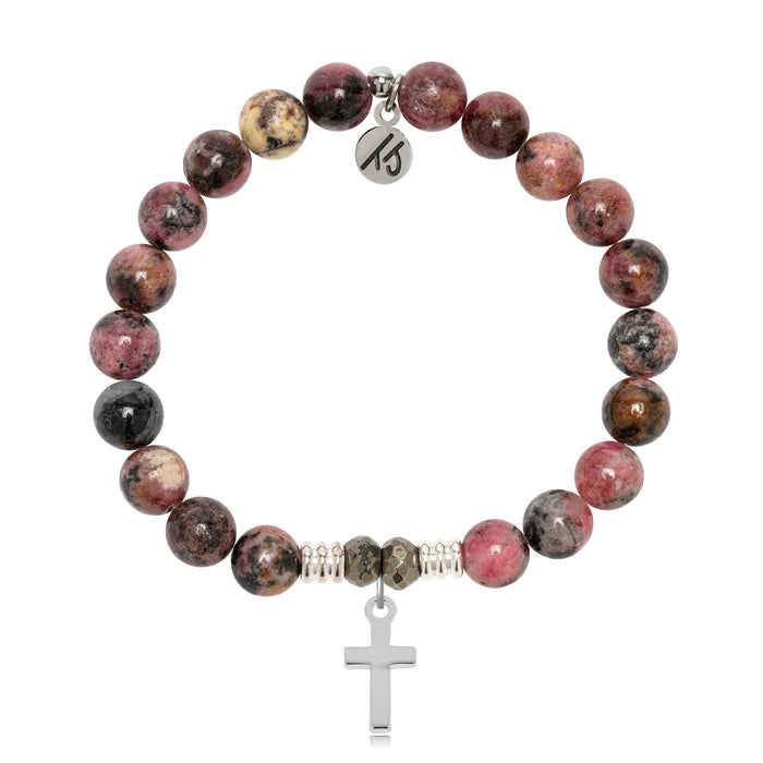 Pink Rhodonite Gemstone Bracelet with Cross Sterling Silver Charm