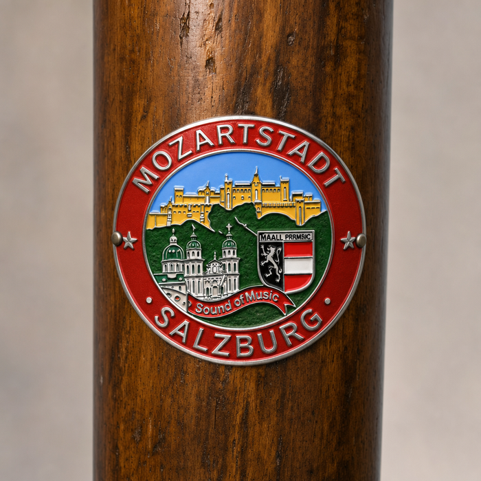 Salzburg hiking stick medallion installed on a wooden hiking staff