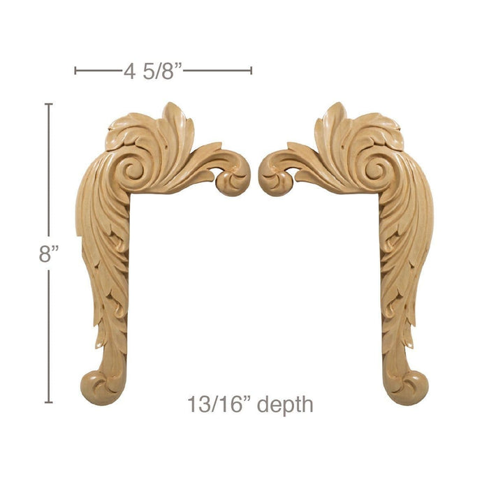 Small Acanthus Corners, 4 5/8"w x 8"h x 13/16"d Carved Onlays White River Hardwoods