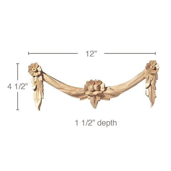 Small Floral Swag, 12"w x 4 1/4"h x 1 1/2"d Carved Onlays White River Hardwoods