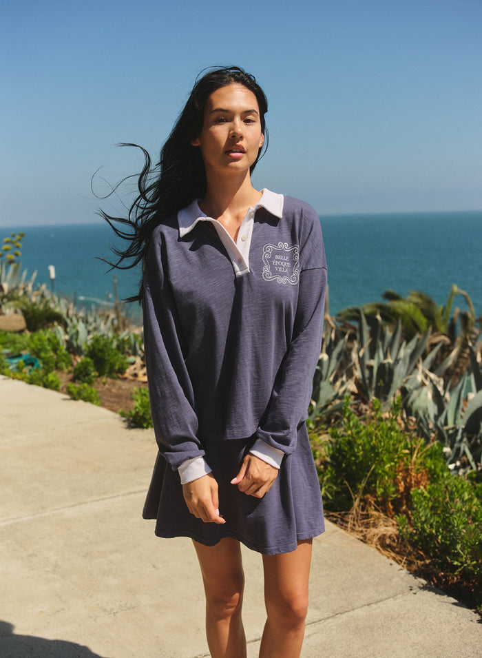 Sundry Belle Epoque Villa Polo Long Sleeve Top in Vintage Navy