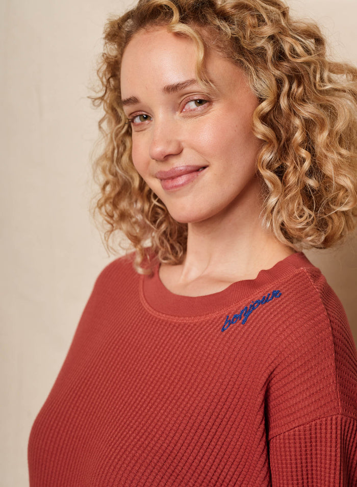 Sundry Bonjour Embroidery Oversized Popover in Burnt Brick