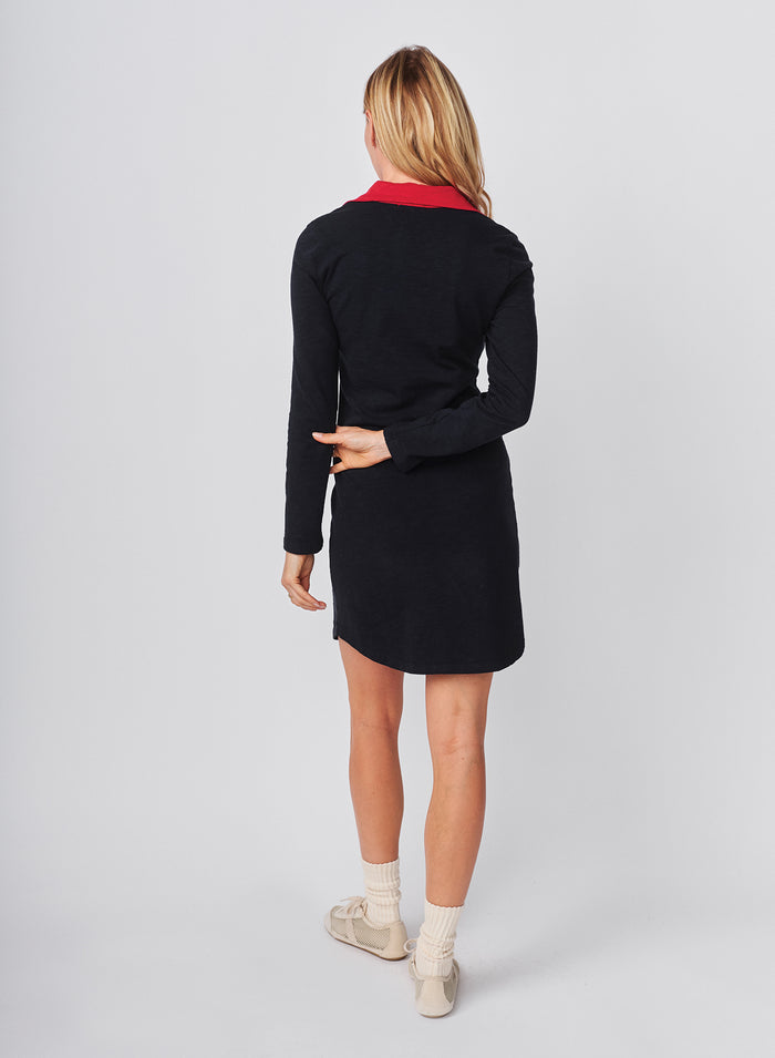 Sundry Bonjour Long Sleeve Polo Dress in Deep Navy