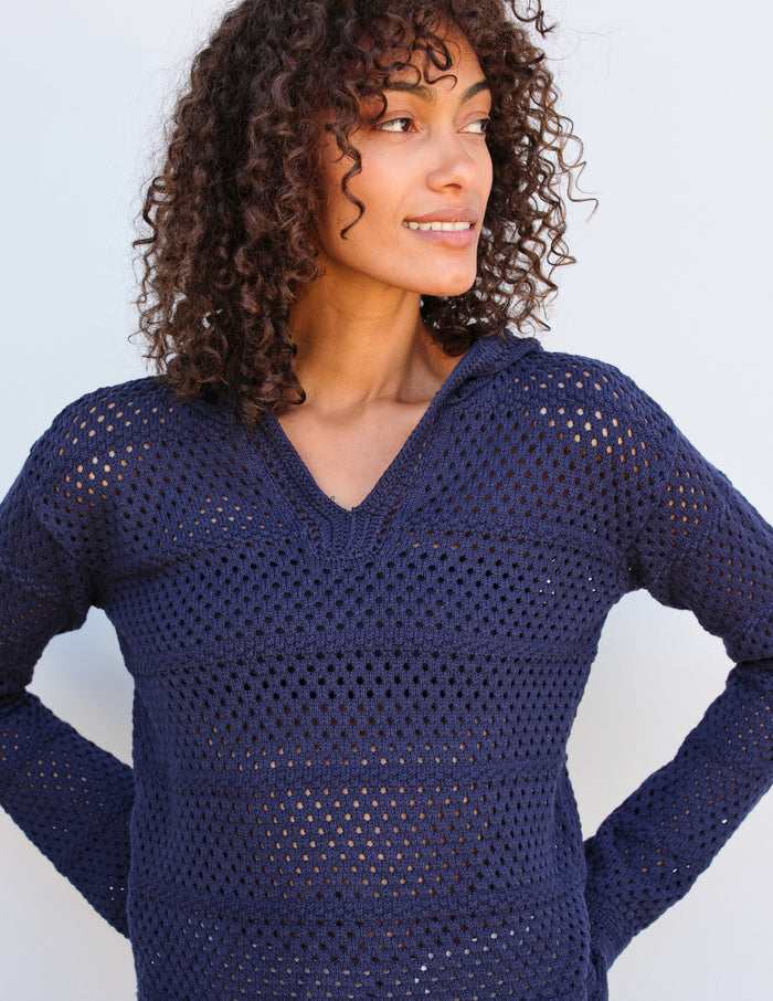 Sundry Crochet Beach Hoodie in Navy