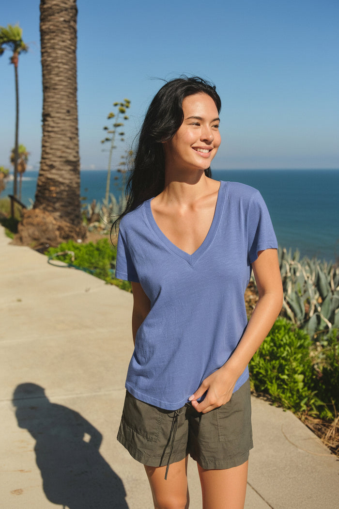 Sundry Deep V-Neck Tee in College Blue