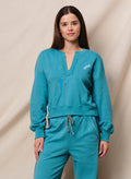 Sundry Good Vibes Split Neck Sweatshirt in Dusty Aqua