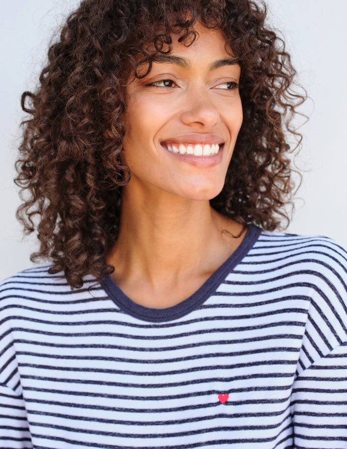 Sundry Heart Stripe Long Sleeve Crew in White-close up