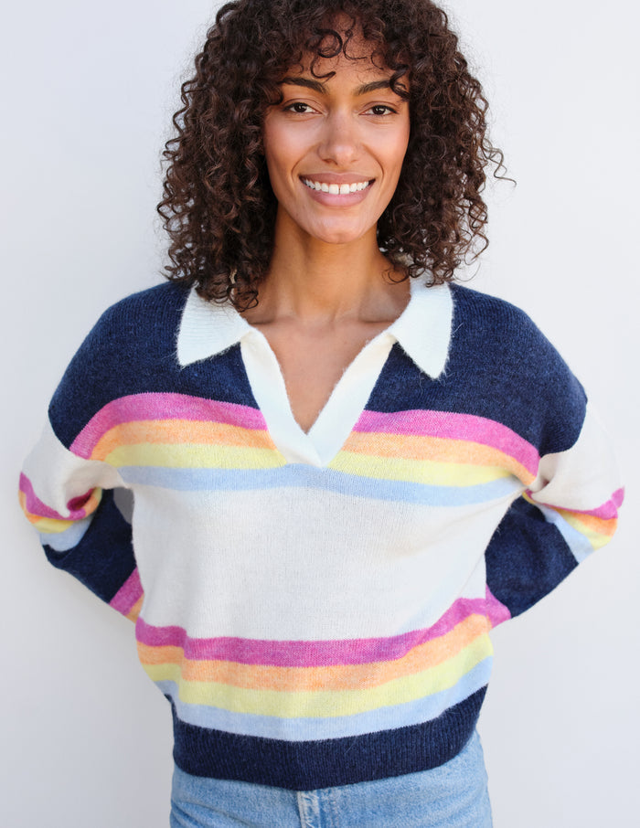 Sundry Johnny Collar Sweatshirt in Multicolor Stripes-3/4 front view close up