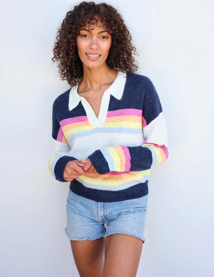 Sundry Johnny Collar Sweatshirt in Multicolor Stripes-3/4 front view with her holding her hands