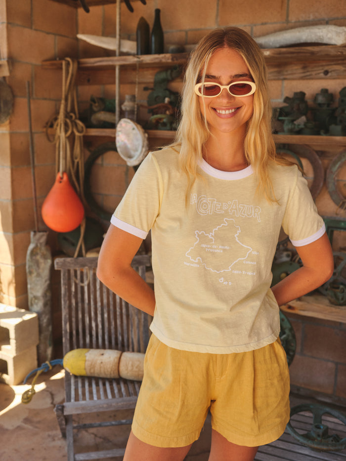 Sundry La Cote D'Azur Short Sleeve Boxy RIinger Crew Tee in Butter Cream