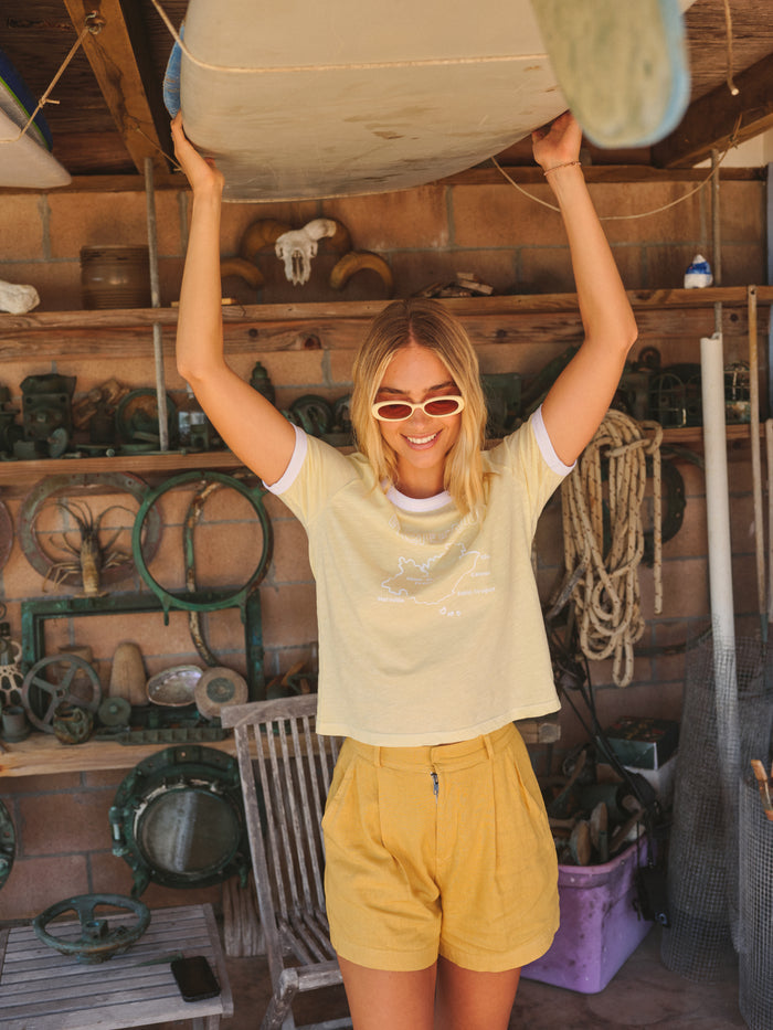 Sundry La Cote D'Azur Short Sleeve Boxy RIinger Crew Tee in Butter Cream
