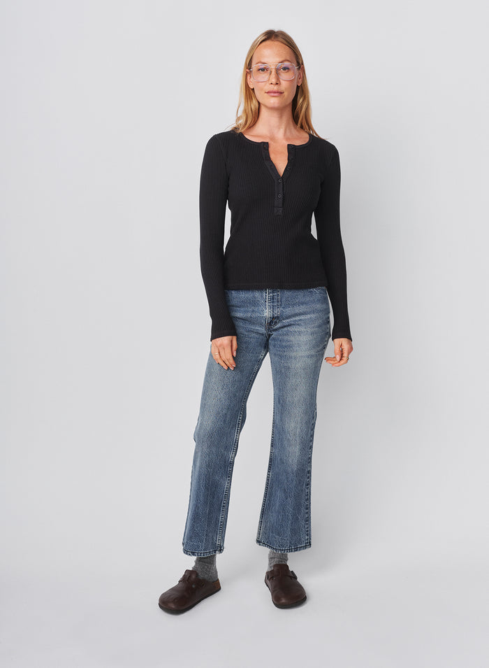 Sundry Long Sleeve Henley in Washed Black