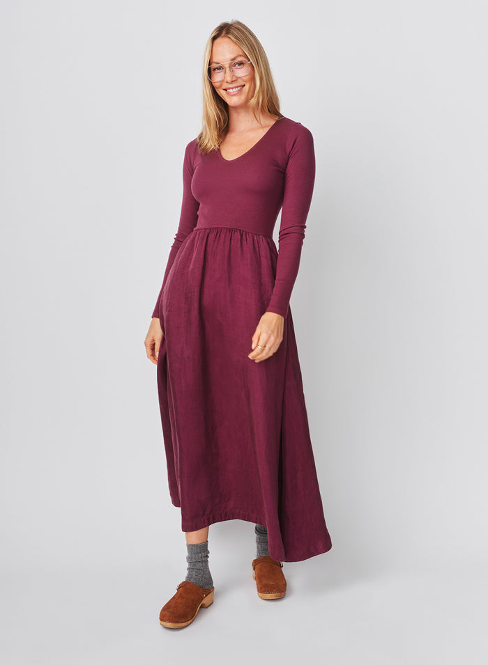 Sundry Long Sleeve Mixed Rib Cupro Dress in Mulled Wine