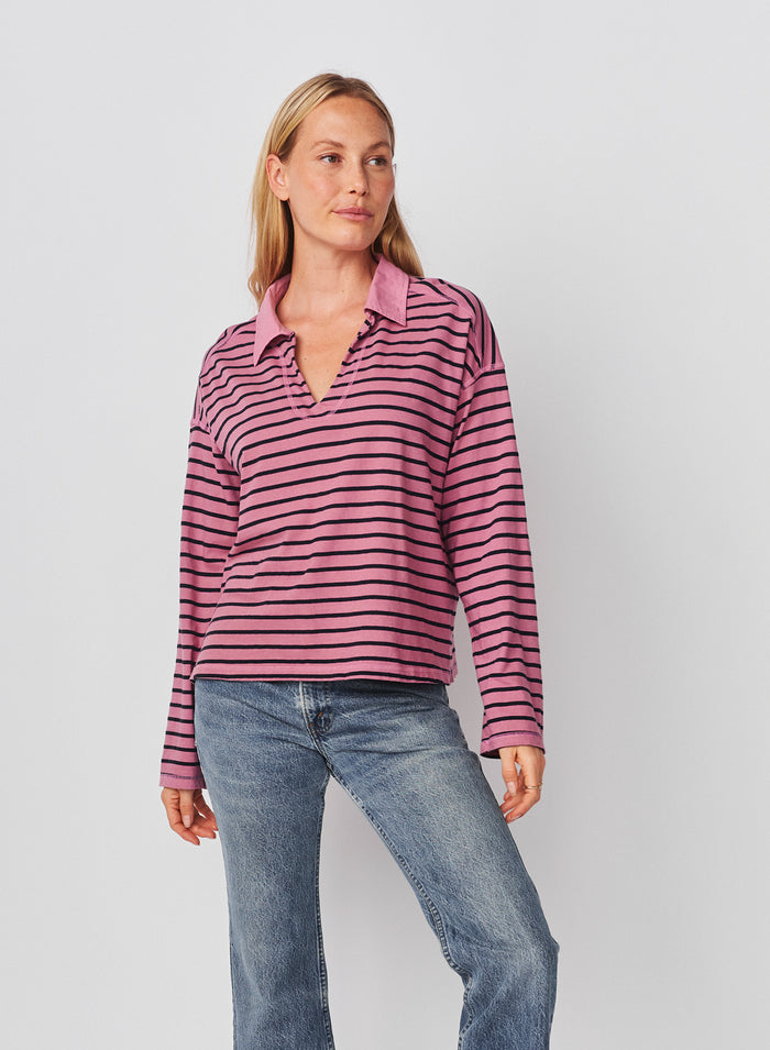 Sundry Popover Polo Boyfriend Long Sleeve Top in Mauve