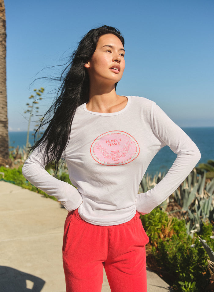 Sundry Provence France Long Sleeve Crew Tee in Optic White