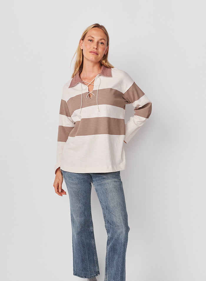 Sundry Rugby Stripe Tie Polo in Oyster / Mushroom