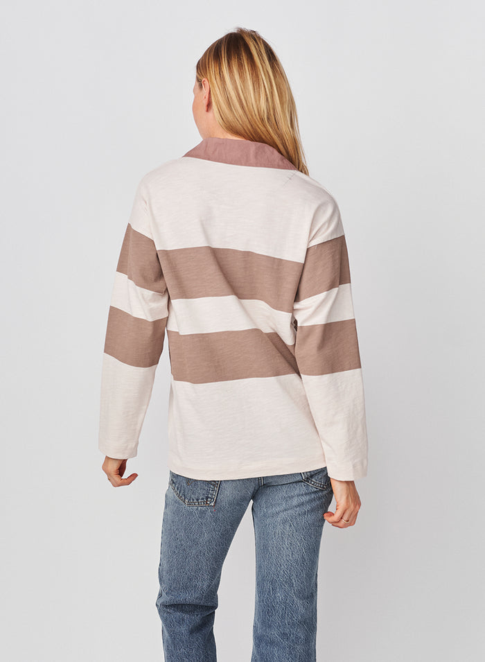Sundry Rugby Stripe Tie Polo in Oyster / Mushroom