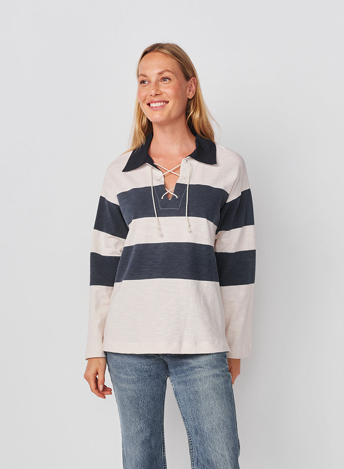 Sundry Rugby Stripe Tie Polo in Oyster / Navy