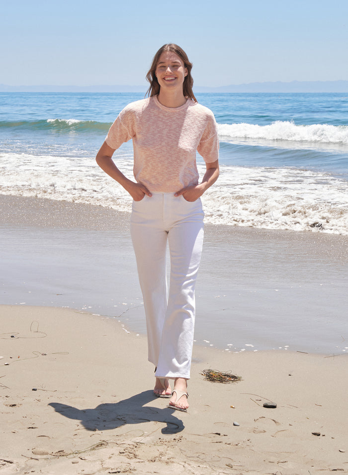 Sundry Short Sleeve Crew Sweater with Contrast Stitching in Faded Pink