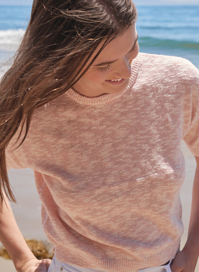 Sundry Short Sleeve Crew Sweater with Contrast Stitching in Faded Pink