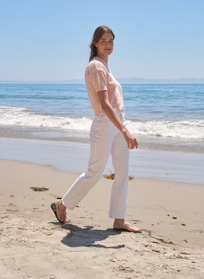 Sundry Short Sleeve Crew Sweater with Contrast Stitching in Faded Pink