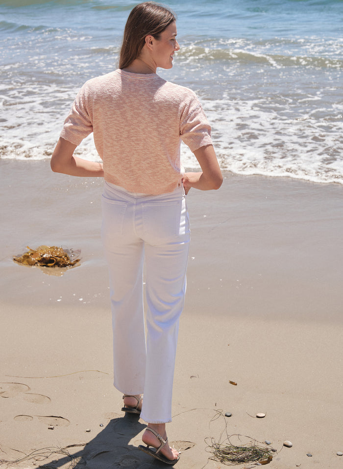 Sundry Short Sleeve Crew Sweater with Contrast Stitching in Faded Pink